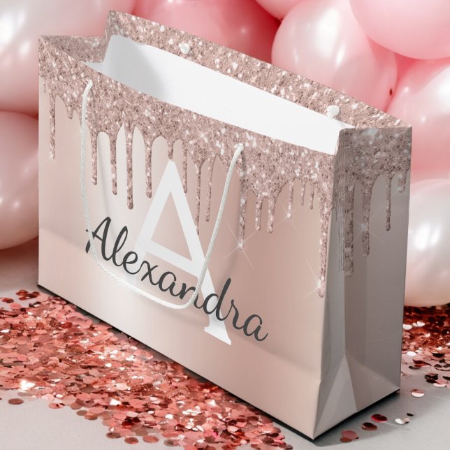 Blush Pink Rose Gold Glitter Monogrammed Chic Large Gift Bag (Creator Uploaded)