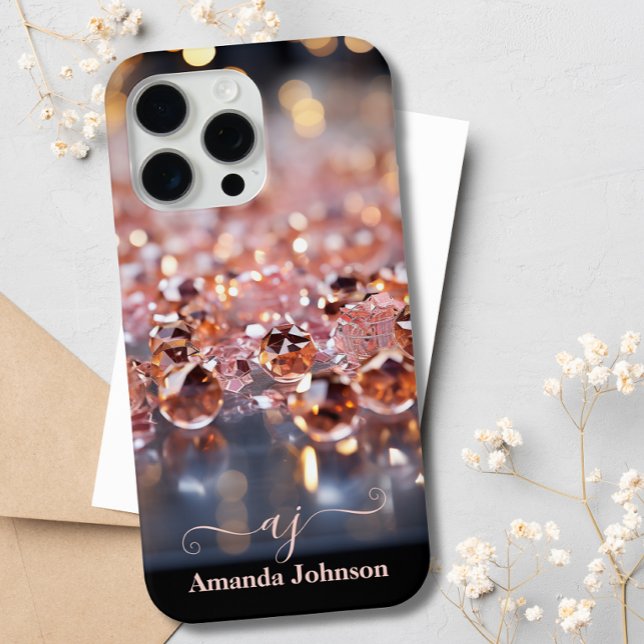 Blush Pink Rose Gold Glitter Monogrammed Gemstones Case-Mate iPhone Case (Creator Uploaded)