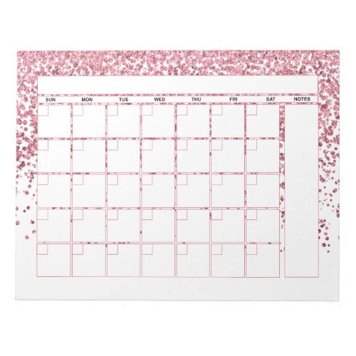 Blush Pink Rose Gold Glitter Monthly Calendar Notepad