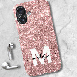 Blush Pink Rose Gold Glitter Name Monogram iPhone 16 Case