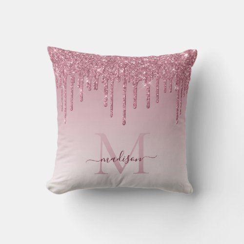 Blush Pink Rose Gold Glitter Ombre Monogram Script Throw Pillow