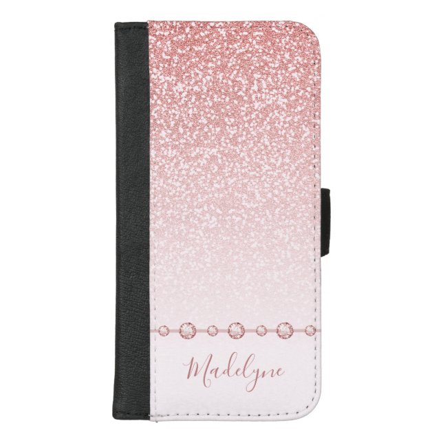 Blush Pink Rose Gold Glitter Ombre Rhinestone iPhone Wallet Case (Front)