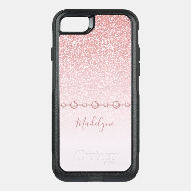 Blush Pink Rose Gold Glitter Ombre Rhinestone Otterbox iPhone Case (Back)