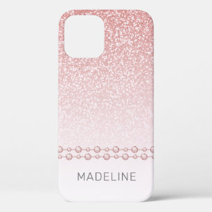 Blush Pink Rose Gold Glitter Rhinestone Name iPhone 12 Case
