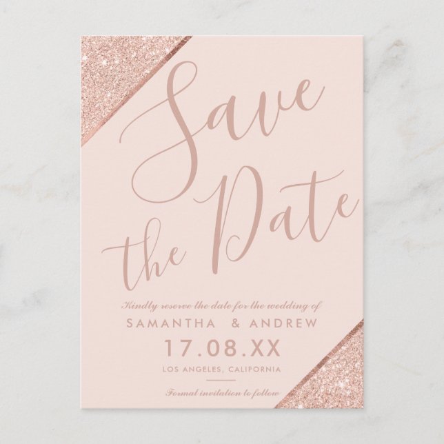 Blush pink Rose gold glitter script save the date Announcement Postcard (Front)