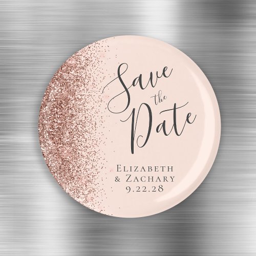 Blush Pink Rose Gold Glitter Script Save the Date Magnet
