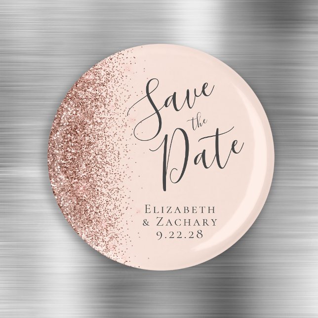 Blush Pink Rose Gold Glitter Script Save the Date Magnet (Creator Uploaded)
