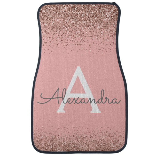 Blush Pink Rose Gold Glitter Sparkle Monogram Car  Car Floor Mat (Front)