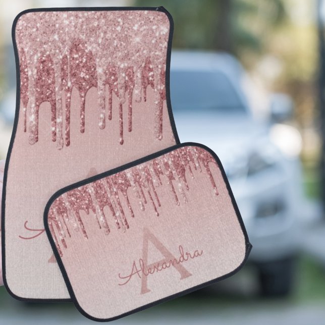Blush Pink Rose Gold Glitter Sparkle Monogram Car Floor Mat (Creator Uploaded)