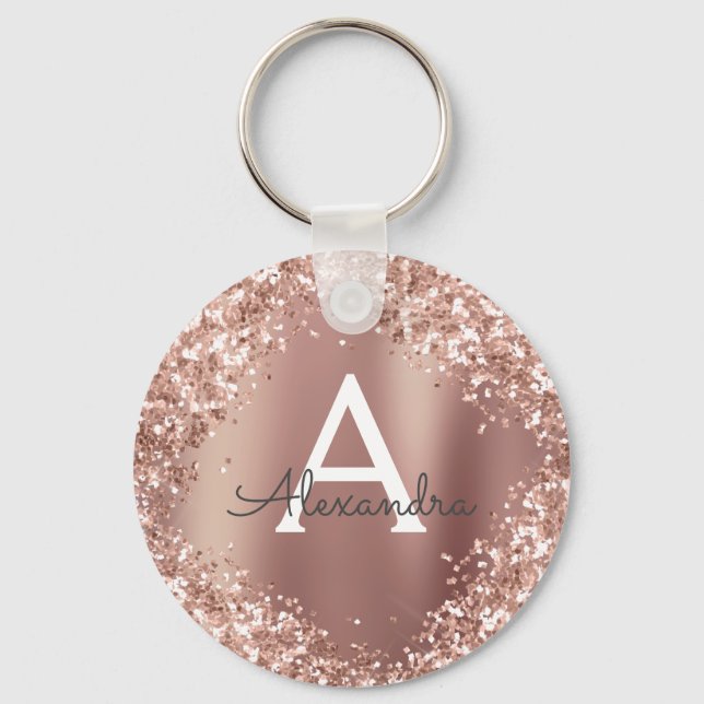 Blush Pink Rose Gold Glitter Sparkle Monogram Keychain (Front)