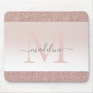 Blush Pink Rose Gold Glitter Sparkle Monogram Mouse Pad