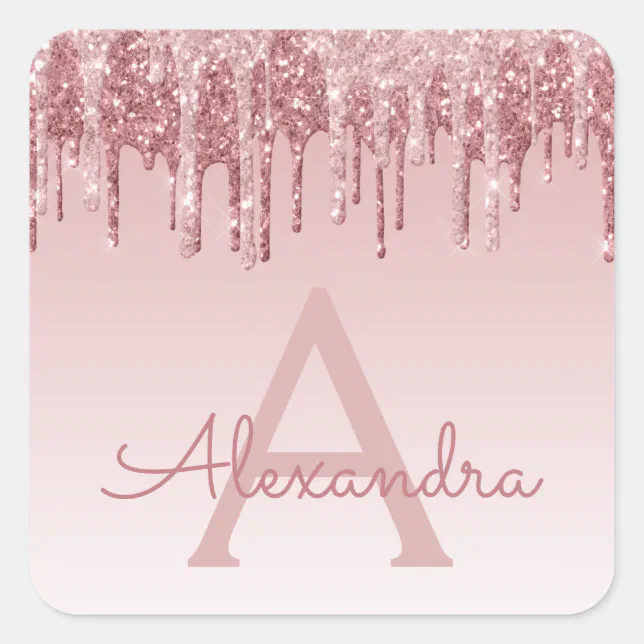 Blush Pink - Rose Gold Glitter Sparkle Monogram Square Sticker | Zazzle