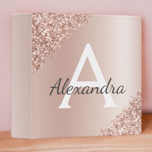 Blush Pink Rose Gold Glitter Sparkle Monogrammed 3 Ring Binder