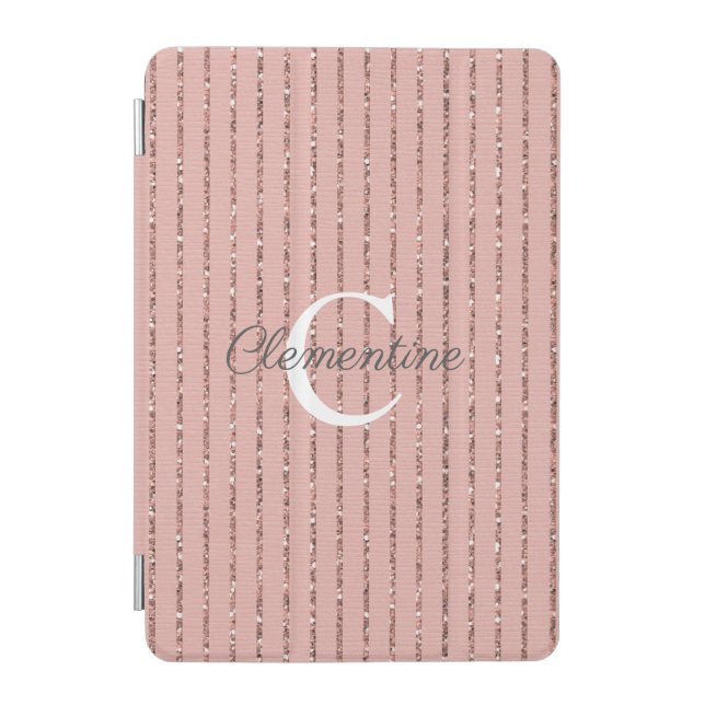 Blush Pink Rose Gold Glitter Stripes Monogram iPad Mini Cover (Front)