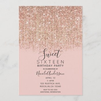 Blush Pink & Rose Gold Glitter Sweet 16 Party Invitation by printabledigidesigns at Zazzle