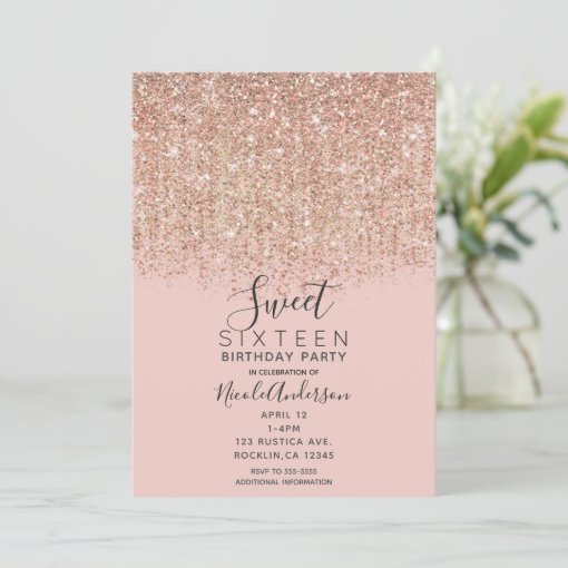 Blush Pink & Rose Gold Glitter Sweet 16 Party Invitation | Zazzle