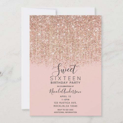 Blush Pink  Rose Gold Glitter Sweet 16 Party Invitation