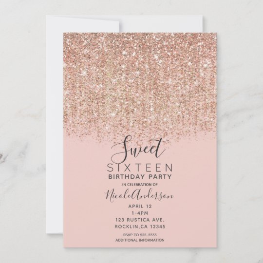 Blush Pink & Rose Gold Glitter Sweet 16 Party Invitation | Zazzle.com