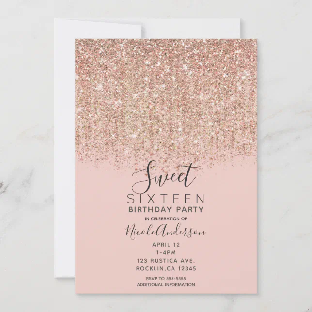 Blush Pink & Rose Gold Glitter Sweet 16 Party Invitation | Zazzle