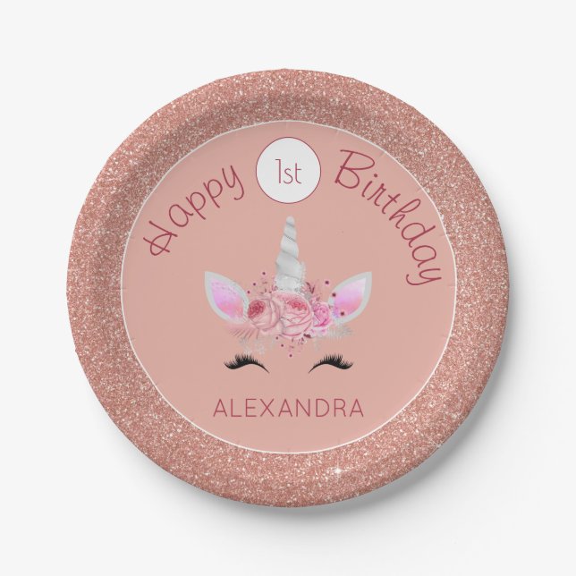 Blush Pink  Rose Gold Glitter Unicorn 1st Birthday Paper Plates (Front)
