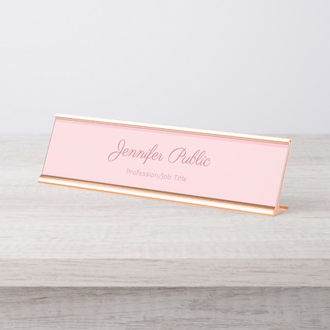 Blush Pink Rose Gold Handwritten Elegant Template Desk Name Plate (Front)