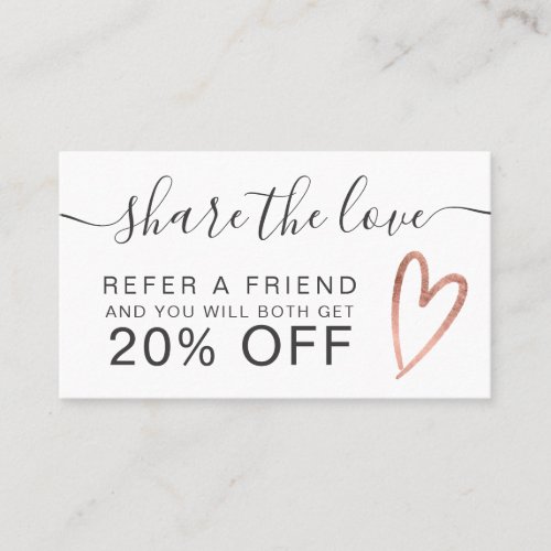 Blush pink rose gold heart script share the love referral card