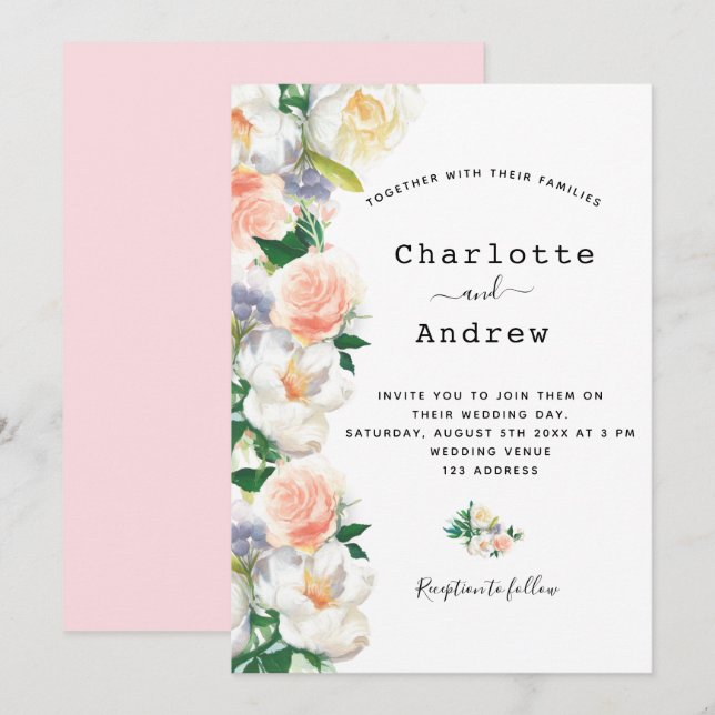 Blush pink rose gold lush florals white wedding invitation (Front/Back)