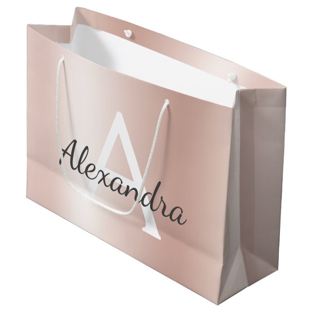 Blush Pink Rose Gold Metallic Foil Monogrammed Large Gift Bag (Front Angled)