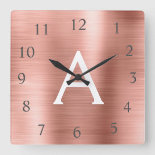Blush Pink - Rose Gold Metallic Monogram Name Square Wall Clock