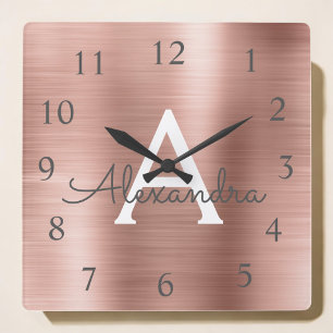 Blush Pink - Rose Gold Metallic Monogram Name Square Wall Clock