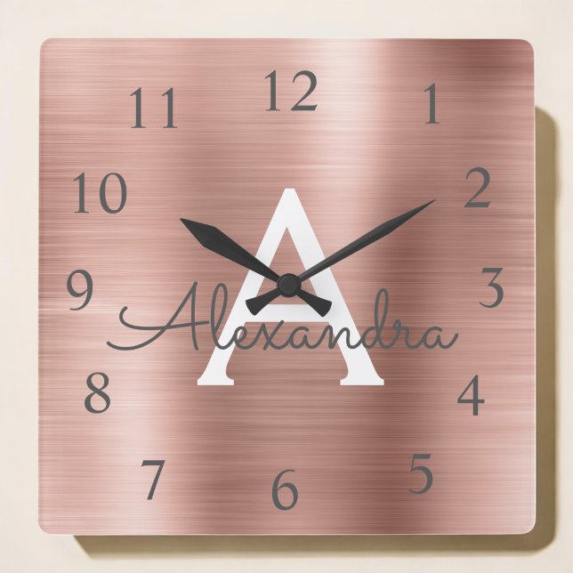Blush Pink - Rose Gold Metallic Monogram Name Square Wall Clock (Creator Uploaded)