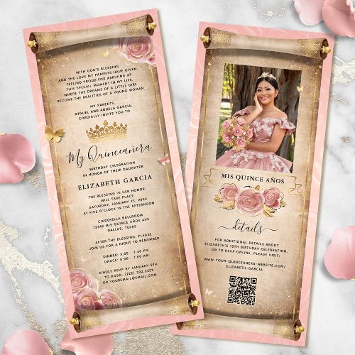 Blush Pink Rose Gold Mis Quince Photo Scroll Invitation