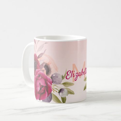 Blush pink rose gold monogram floral burgundy coffee mug