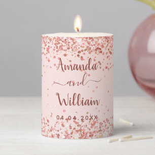 Blush pink rose gold names wedding pillar candle