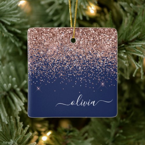 Blush Pink Rose Gold Navy Blue Glitter Monogram Ceramic Ornament