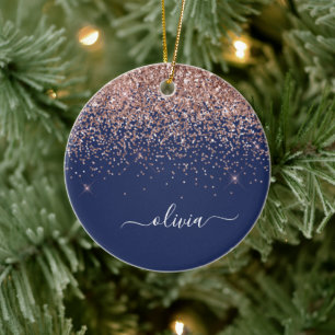 Blush Pink Rose Gold Navy Blue Glitter Monogram Ceramic Ornament