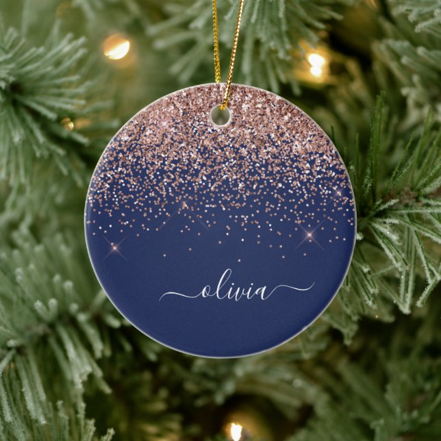 Blush Pink Rose Gold Navy Blue Glitter Monogram Ceramic Ornament (Tree)