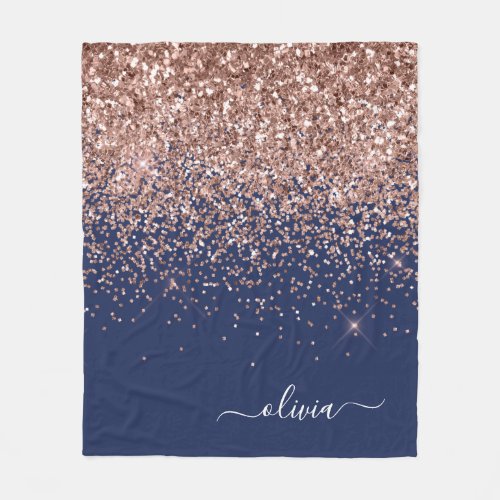 Blush Pink Rose Gold Navy Blue Glitter Monogram Fleece Blanket