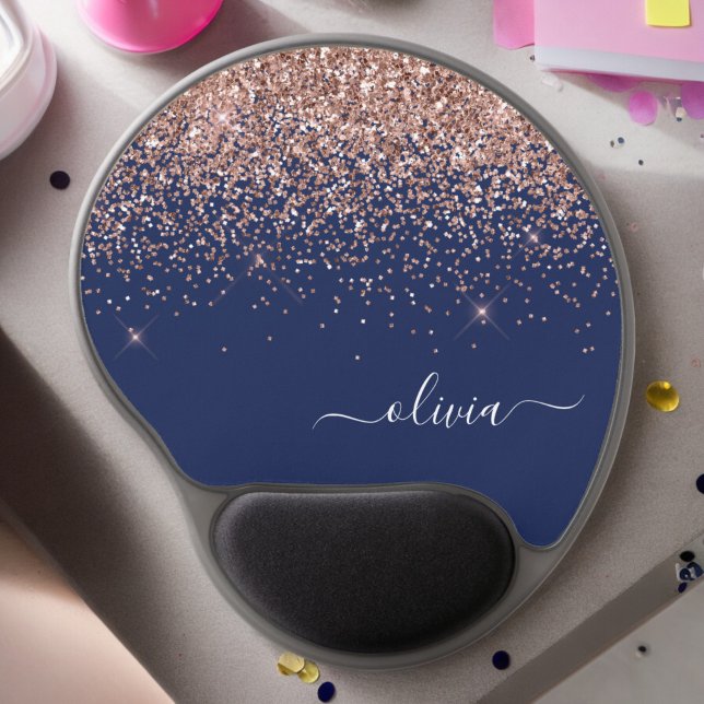 Blush Pink Rose Gold Navy Blue Glitter Monogram Gel Mouse Pad (Creator Uploaded)