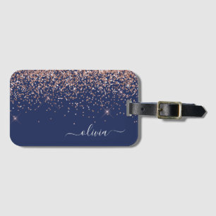 Blush Pink Rose Gold Navy Blue Glitter Monogram Luggage Tag