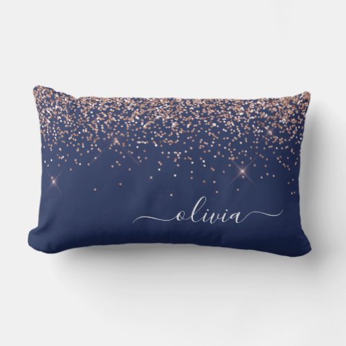Blush Pink Rose Gold Navy Blue Glitter Monogram Lumbar Pillow
