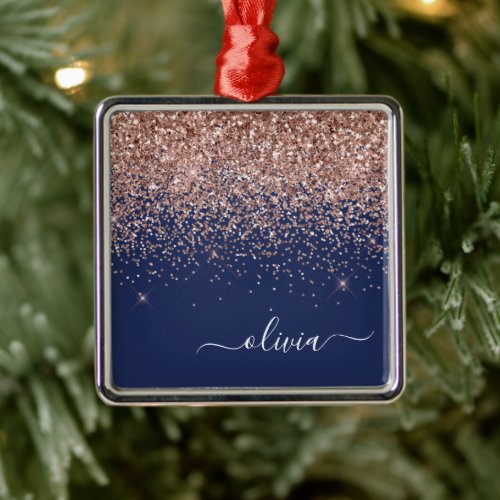 Blush Pink Rose Gold Navy Blue Glitter Monogram Metal Ornament