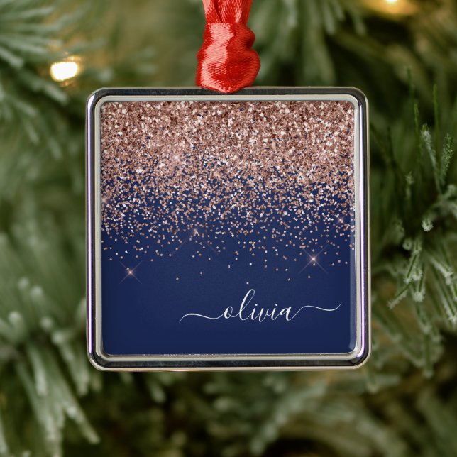 Blush Pink Rose Gold Navy Blue Glitter Monogram Metal Ornament (Tree)
