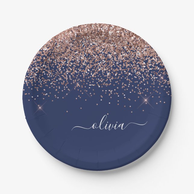 Blush Pink Rose Gold Navy Blue Glitter Monogram Paper Plates (Front)