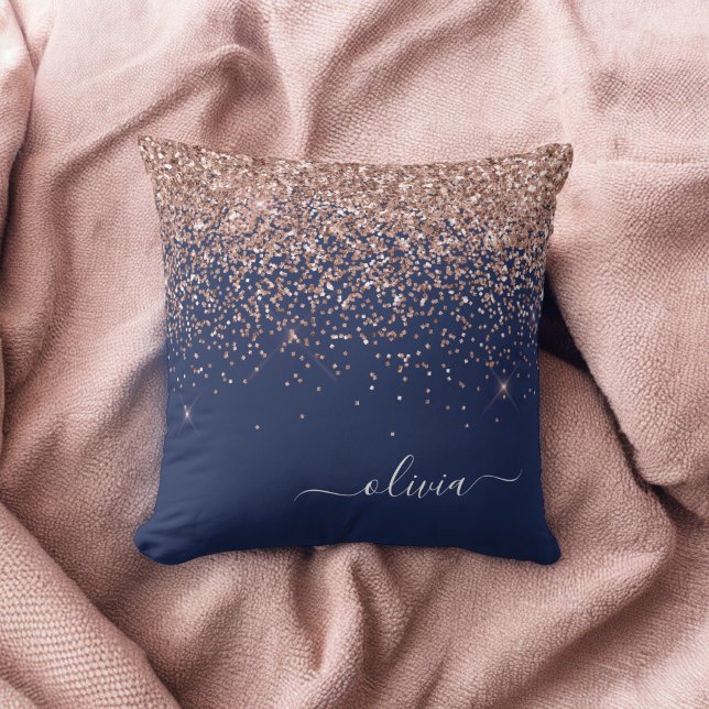 Blush Pink Rose Gold Navy Blue Glitter Monogram Throw Pillow (Creator Uploaded)