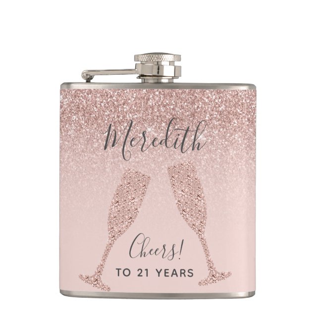 Blush Pink Rose Gold Ombre 21st Birthday Gift Flask (Front)