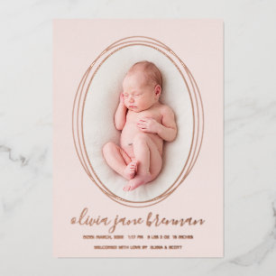 Blush Pink Rose Gold Photo Birth Announcement