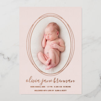 Blush Pink Rose Gold Photo Birth Announcement