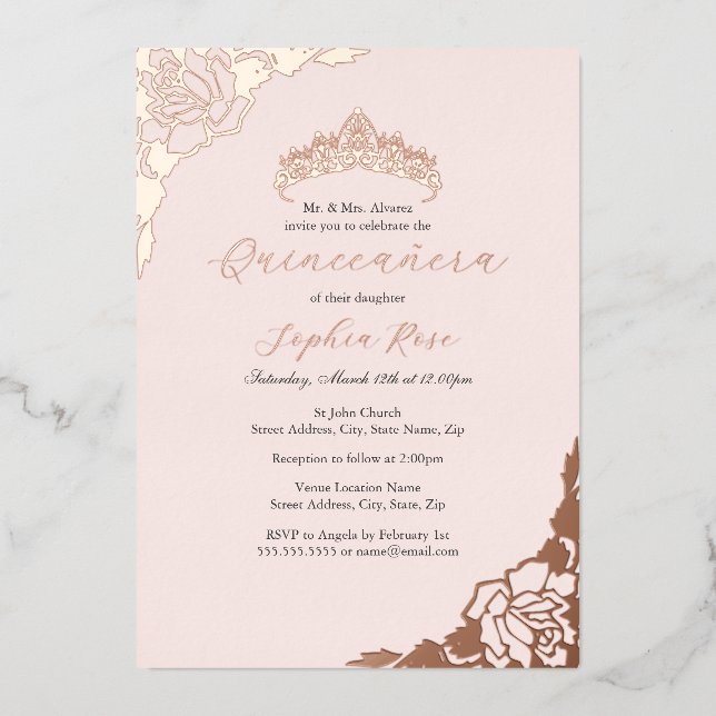 Blush Pink Rose Gold Quinceanera Birthday  Foil Invitation (Front)