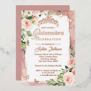Blush Pink Rose Gold Quinceanera Floral Butterfly Foil Invitation